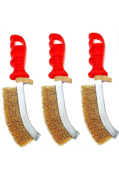 Kenet Ticaret 3 Pcs Red Handle Multifunctional Crimped Steel Wire Brush - Rust, Dust, Corrosion Etc.