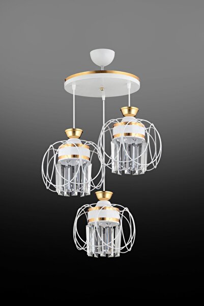 Genel Markalar Sarkıt Tepsi Beyaz 3'lü Güneş Sarı Kristal Taşlı Aşağı Bakan Lüks Avize