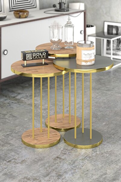 GOLDFALEZ Orta Sehpa Ve Zigon Sehpa Terra Set Gold Antrasit Ceviz