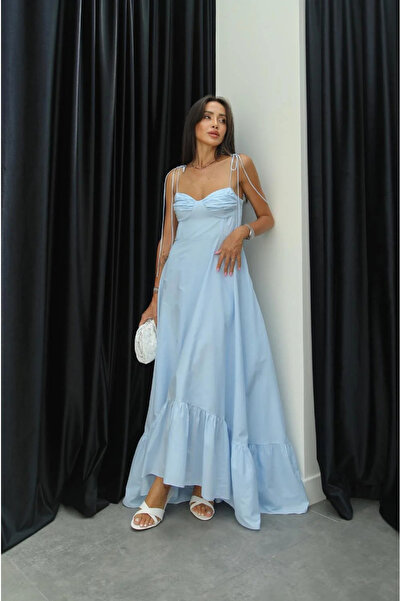 My Blog Rochie lungă albastru baby cu detaliu cu volane și bretele subțiri