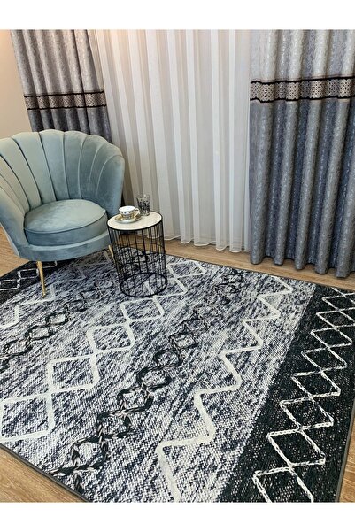 Brillant Etnik Desen Dokuma Taban Halı - Gri-siyah