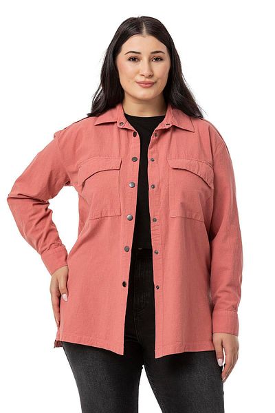 DISENTIS MODEST Plus Size Dried Rose Epaulet Shirt - Shoulder Slit, Sleeves and Snaps