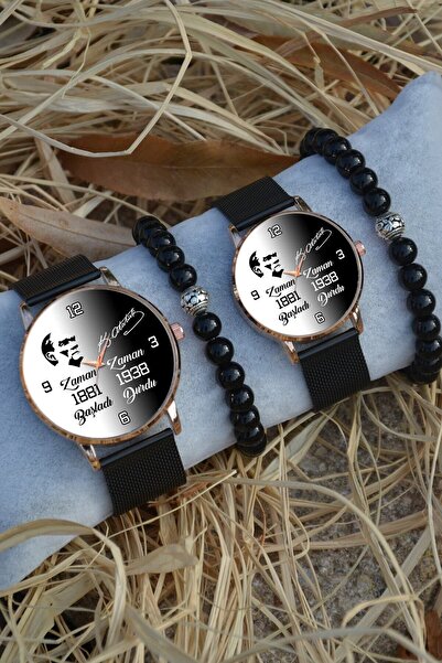 STONY Siyah Rose Gold Hasır Çift Atatürk Saat Ve Bileklik Çift Sevgili Saatleri