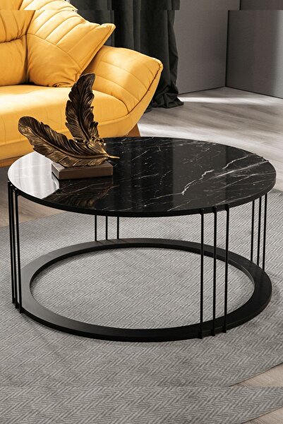 Mobievim Roma Siyah Metal Ayaklı,Mermer Desenli Mdf'li Orta Sehpa