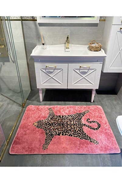 Brillant Leopar Desen Yıkanabilir 60x100 Tekli Banyo Paspası - Pembe