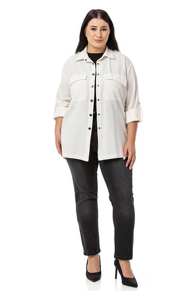 DISENTIS MODEST Πουκάμισο εκρού Plus Size - Επωμίδες στους ώμους, διπλωμένα μανίκια και κουμπώματα
