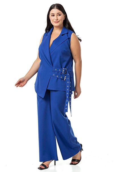 DISENTIS MODEST Plus Size Saks Μπλε Διπλό Κοστούμι - Γιλέκο και Παντελόνι με Ζώνη Bird Eye