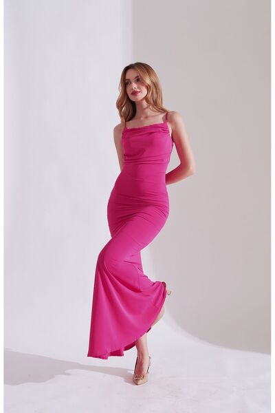 Rabia Çelik Kadın Fuşya Ayarlanabilir Askılı Balık Model Maxi Elbise