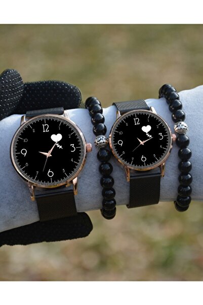 STONY Çift Saatleri Siyah Hasır Kordon Gold Çerçeve Kalpli Sevgili Sevgililer...