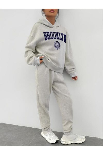 AFROGİYİM Γκρι Oversize Hooded Γυναικεία Φούτερ Σετ - Brooklyn Printed