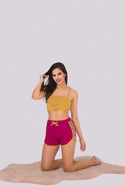 MyBen Women's Mustard Colored Lace Detailed Bustier Pajama Set with Strap Shorts 361