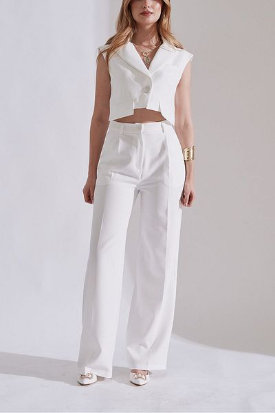 Rabia Çelik White Pocket Detailed Women's Vest and Trousers Set