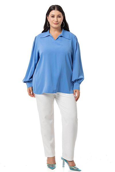 DISENTIS MODEST Plus Size Indigo Blouse - Shirt Collar, Cuffs and Side Slits