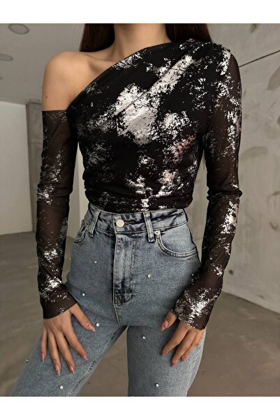 Butik Beyza Μπλούζα One Shoulder Tulle με λεπτομέρεια με στάμπα με αλουμινόχαρτο