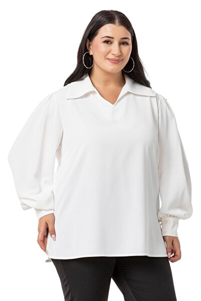 DISENTIS MODEST Λευκή Μπλούζα Plus Size - Γιακάς Πουκάμισου, Μανσέτες και Πλαϊνά Σκισίματα