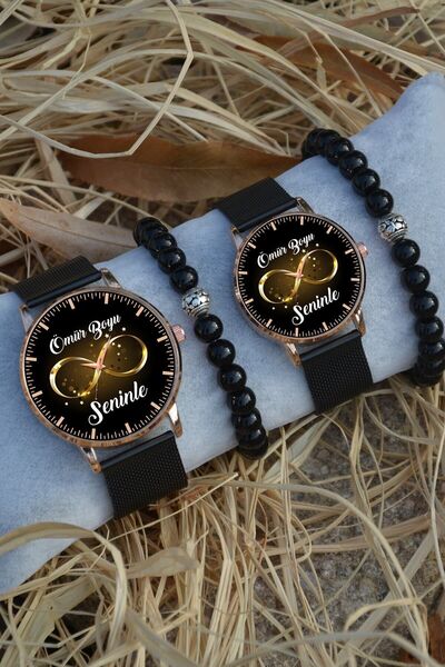 STONY Siyah Rose Gold Hasır Çift Ömür Boyu Seninle Saat Ve Bileklik Çift Sevg...