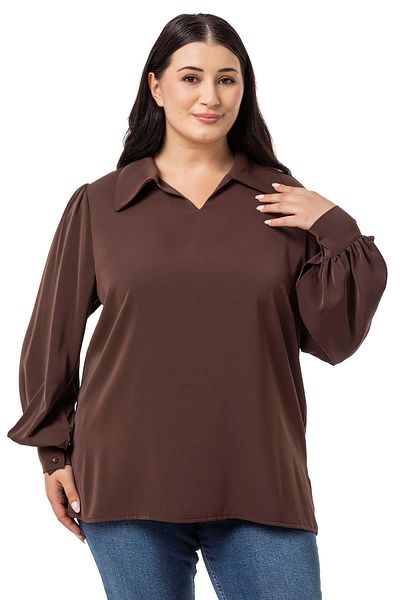DISENTIS MODEST Brown Plus Size Blouse - Shirt Collar, Cuffs and Side Slits