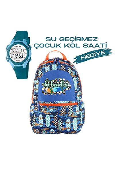 United Colors of Benetton حقيبة مدرسية للأطفال ذات سعة كبيرة من بينيتون - مع هدية ساعة يد B.NT.03693