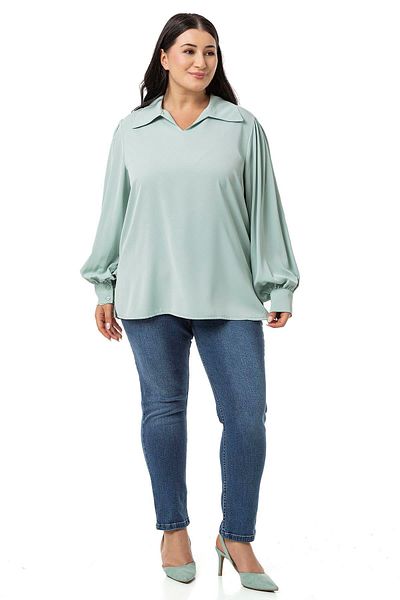DISENTIS MODEST Mint Green - Plus Size Blouse with Shirt Collar and Cuffs and Side Slits