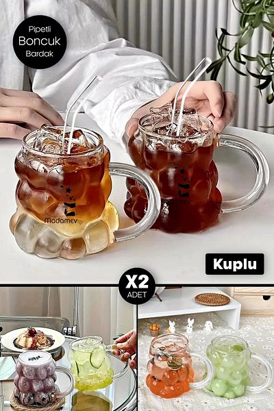 Madamev 350ml Heat Resistant Borosilicate Cup - 2 Pieces with Handles, Bead Shaped Coffee Presentation Cup