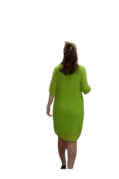 ZY BUTİK Pistachio Green Three Quarter Sleeve - Pleated Plus Size Chiffon Dress