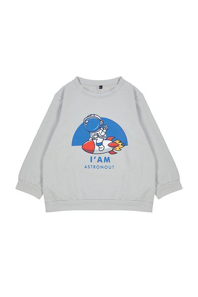 TRENDYOLKIDS Boy's Gray Seasonal Sweatshirt - Thin Space Pattern, Crew Neck Tkdaw25sw00005