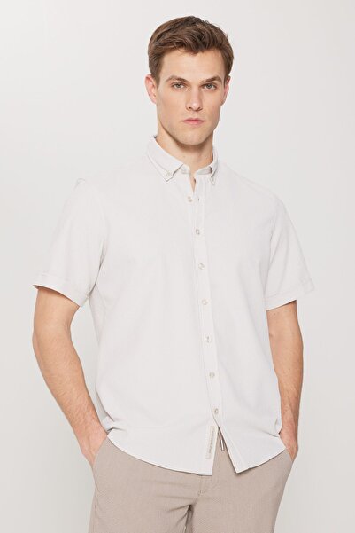 AC&Co / Altınyıldız Classics Férfi bézs karcsú, keskeny szabású gombos galléros Seersucker mintás ing