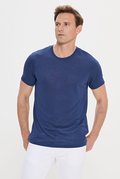 ALTINYILDIZ CLASSICS Pánské triko Slim Fit Slim Fit Crew Neck Linen Look v námořnické modré