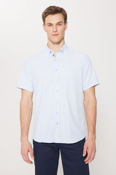 AC&Co / Altınyıldız Classics Cămașă cu model Seersucker pentru bărbați, albastru, cu tăietură îngustă, cu guler