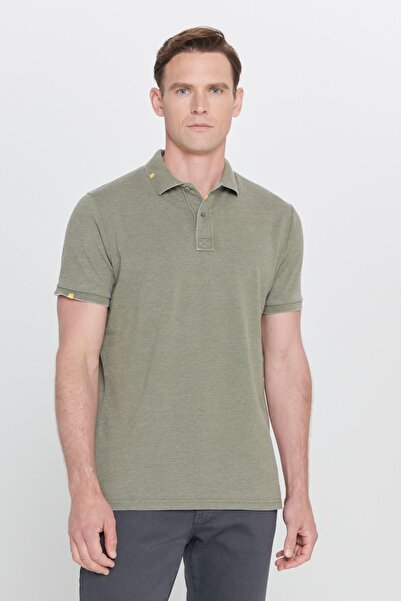 ALTINYILDIZ CLASSICS Men's Khaki Slim Fit Slim Fit Cotton Embroidery Detailed Polo Collar T-Shirt