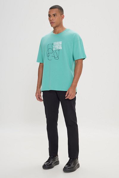 AC&Co / Altınyıldız Classics Ανδρικό μπλουζάκι μέντα Oversize Loose Cut Crew Neck 100% βαμβάκι με στάμπα