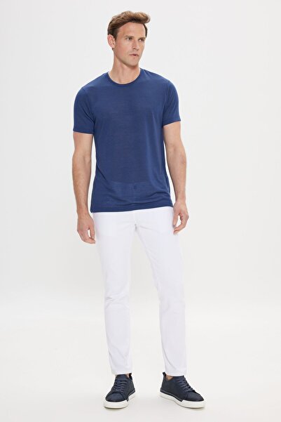 ALTINYILDIZ CLASSICS Pánské triko Slim Fit Slim Fit Crew Neck Linen Look v námořnické modré