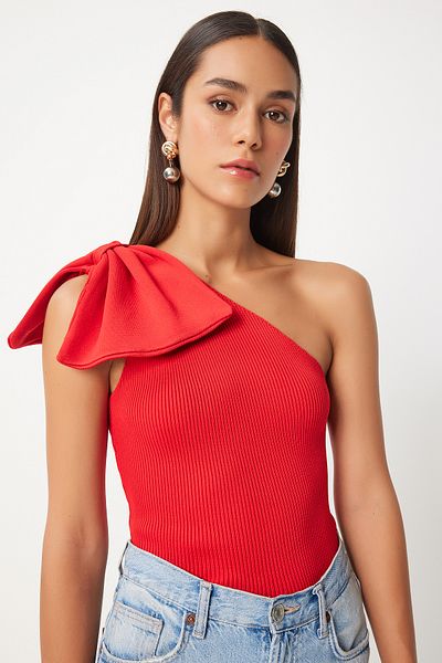 Happiness İstanbul One Shoulder Red Bow Knitwear Blouse - PF00075