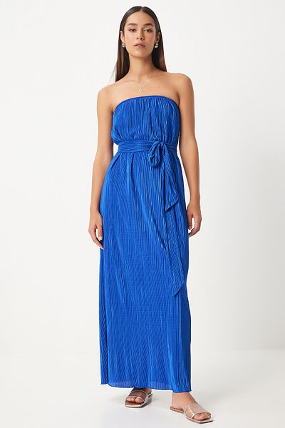 Happiness İstanbul Blaues trägerloses Plisseekleid mit Gürtel für Damen - FN03237