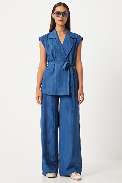 Happiness İstanbul Indigoblaues Palazzo-Westen- und Strickset mit Gürtel - BY00055