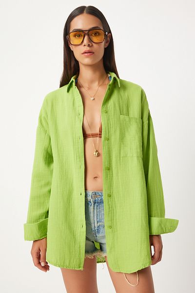 Happiness İstanbul Übergroßes Musselin-Shirt für Damen in Pistaziengrün - MX00150
