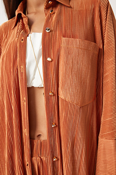 Happiness İstanbul Mustard Women's Pleated Shirt and Trousers Set - Buttoned FN03234