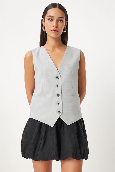 Happiness İstanbul Gray Viscose V-Neck Women's Vest - TO00145