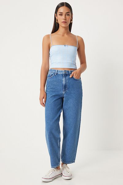 Happiness İstanbul Mittelblaue verwaschene Ballonjeans für Damen - UT00020