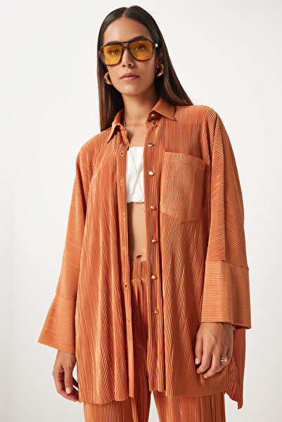 Happiness İstanbul Mustard Women's Pleated Shirt and Trousers Set - Buttoned FN03234