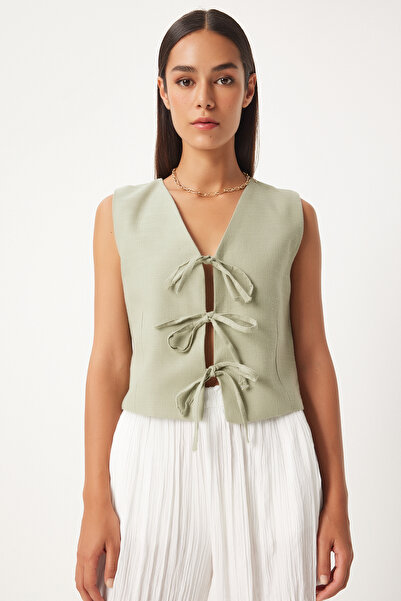 Happiness İstanbul Green Linen Women's Vest - Bow Detailed GP00010