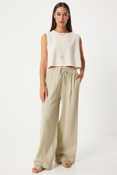 Happiness İstanbul Leinen Creme Bluse - Ärmellos, GP00008