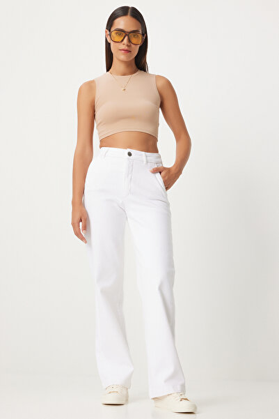 Happiness İstanbul Dámské džíny s vysokým pasem a širokými nohami bílé - UT00019