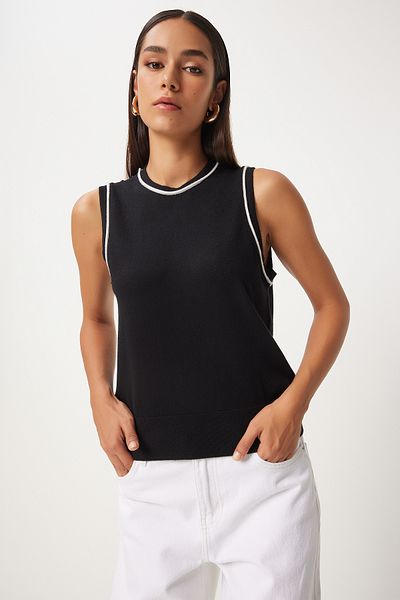 Happiness İstanbul Schwarze Strickbluse - ärmellos und gestreift, Damen, PF00076