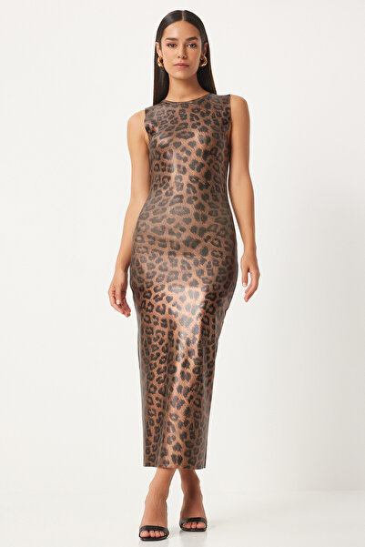 Happiness İstanbul Černé béžové dámské těsné šaty s leopardím vzorem - PF00077