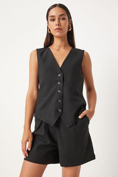 Happiness İstanbul Black V-Neck Vest and Shorts Set - TO00144