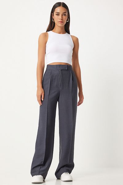 Happiness İstanbul Anthracite Linen Trousers - Velcro Closure, Flowy BV00074
