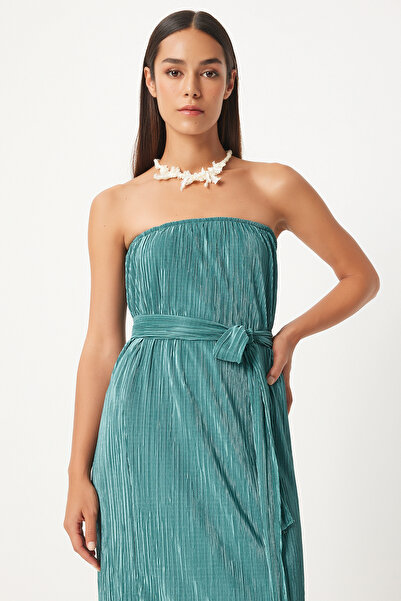 Happiness İstanbul Πράσινο Στράπλες Πλισέ Φόρεμα - Ζώνη, FN03237