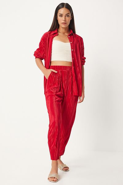Happiness İstanbul Red Women's Shirt and Trousers Set - Pleated and Buttoned FN03235
