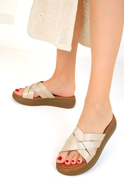 SOHO 19360 Model Beige Genuine Leather Women's Slippers